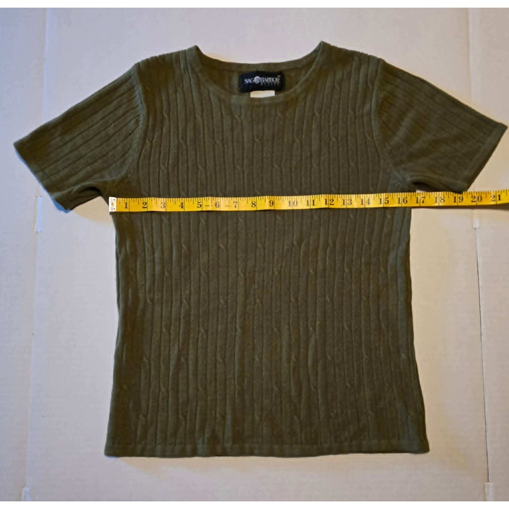 Sag Harbor Petite Olive Green Ribbed Cable Knit Short Sleeve Sweater 90s Style